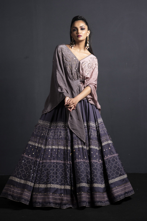Embroidered Lehenga with fossil grey kaftaan style blouse