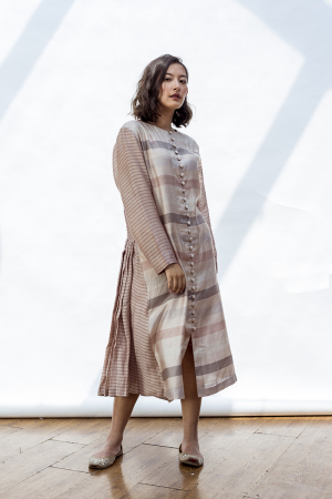 Modal and handwoven silk contrast stripes dress
