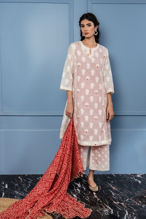 Ivory and Red Handloom Chanderi Jacquard, Handloom Cotton kurta set
