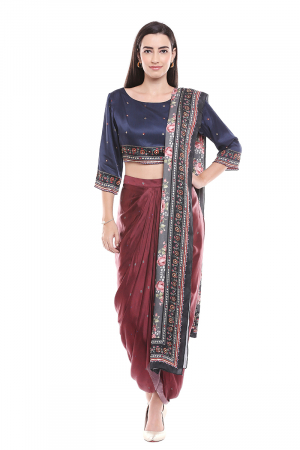 Draped red skirt with printed blouse and dupatta