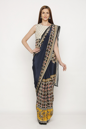 Printed navy and yellow saree with white blouse