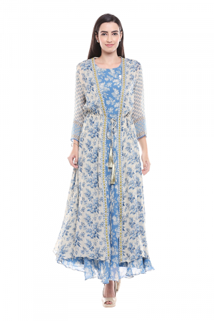 Monotone blues printed dress with jacket