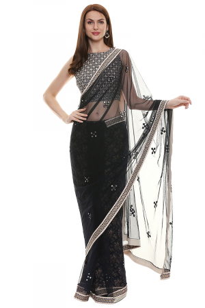 Black net saree with printed blouse