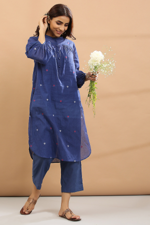 blue base with pink and white heart Kurta, pant with short slip
