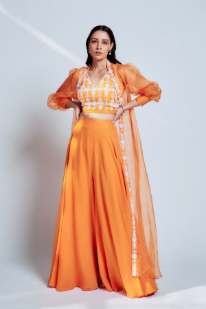 Orange Organza Cape Set With Blouse And Palazzo (Set of 3)