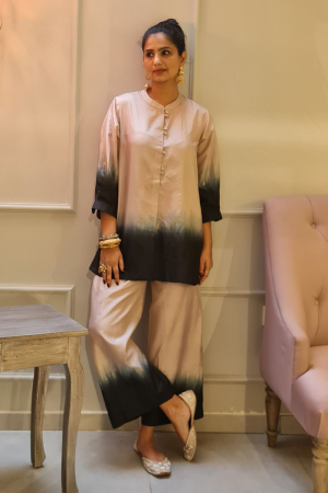 Beige and black ombre handwoven silk short kurta with box pleat and pant