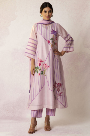 Bahaar Lilac Grid Floral Embroidery Kurta with Stripe Pant and chanderi dupatta Set