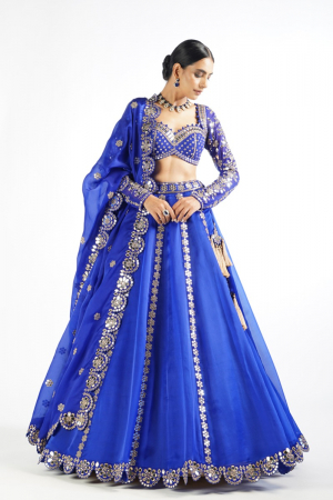 Royal Blue Embellished Blouse And Lehenga Set (Set of 3)
