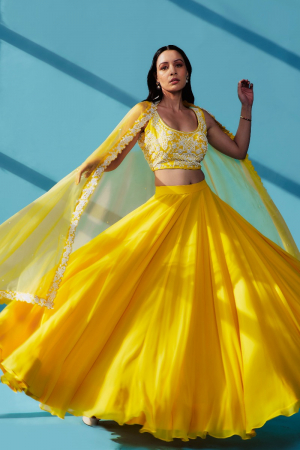 Yellow Georgette Skirt Set With Blouse And Dupatta (Set of 3)