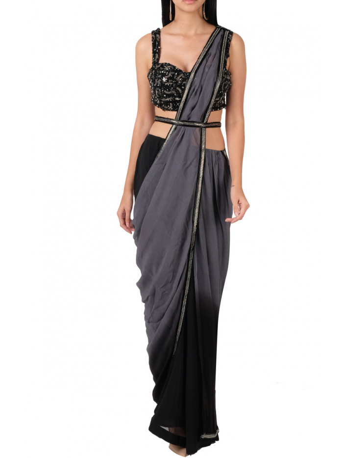 Ombre grey black saree Design by Devika Seth at Modvey