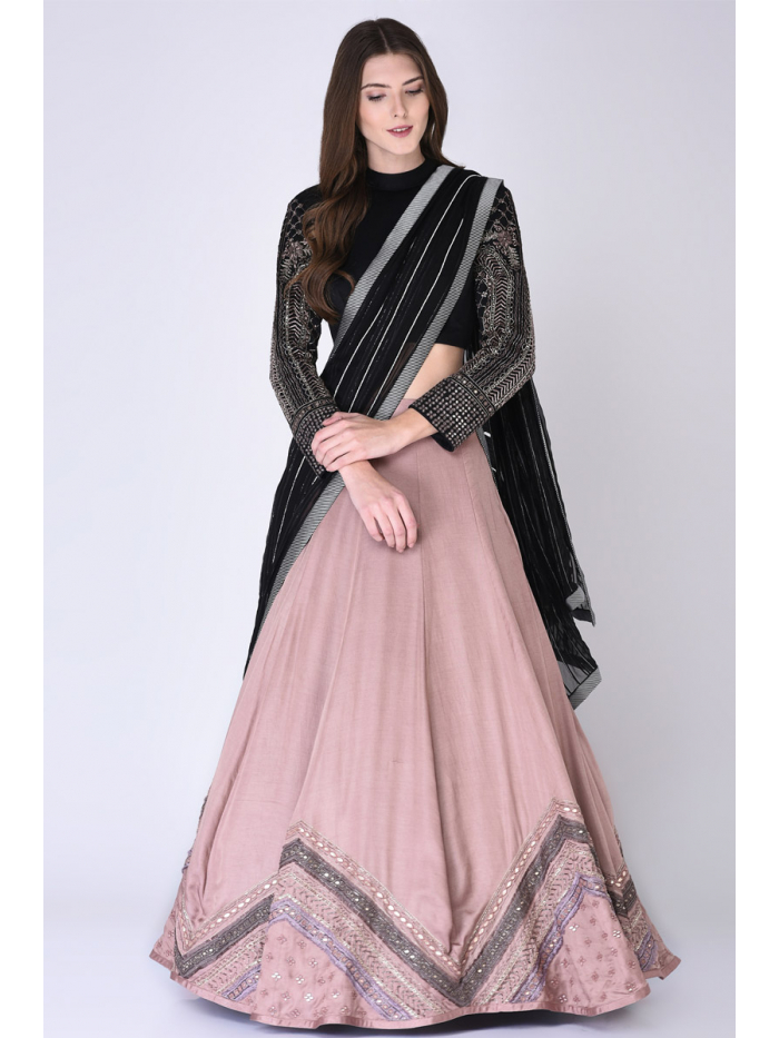 Black Velvet Top And Lehenga With Frilly Pink Dupatta | Little Muffet