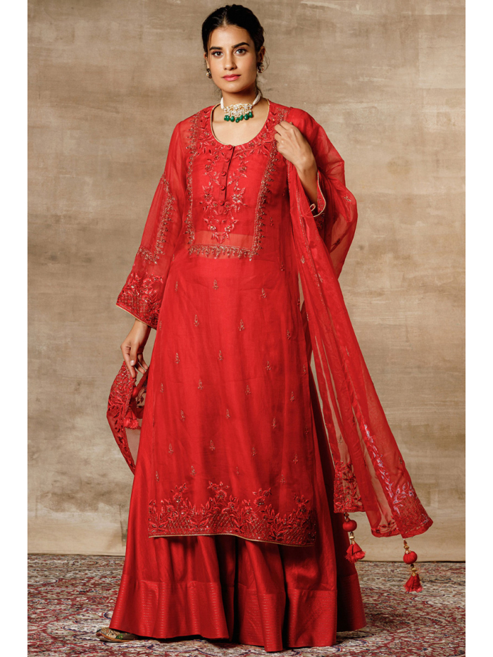 Red Thread Embroidered Party Wear Sharara Suit