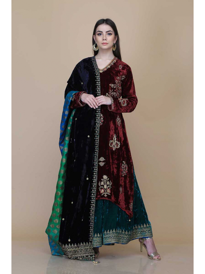 Black Velvet Sharara Suit with Embroidered Shawl Dupatta | Indian outfits,  Pakistani dress design, Indian dresses