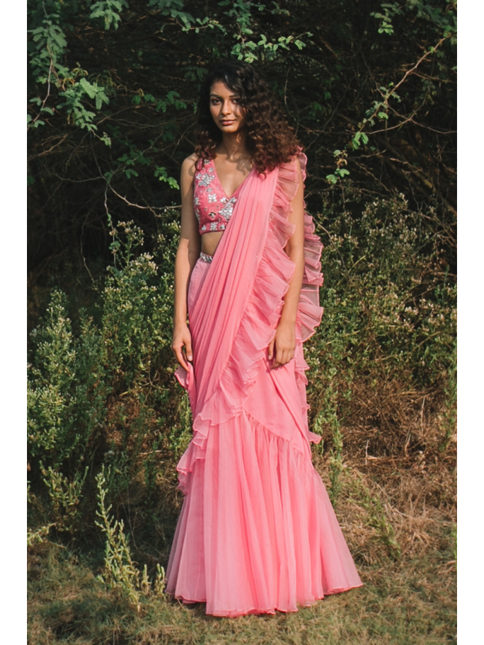 candy pink gul-rez linen satin organza handwork draped saree