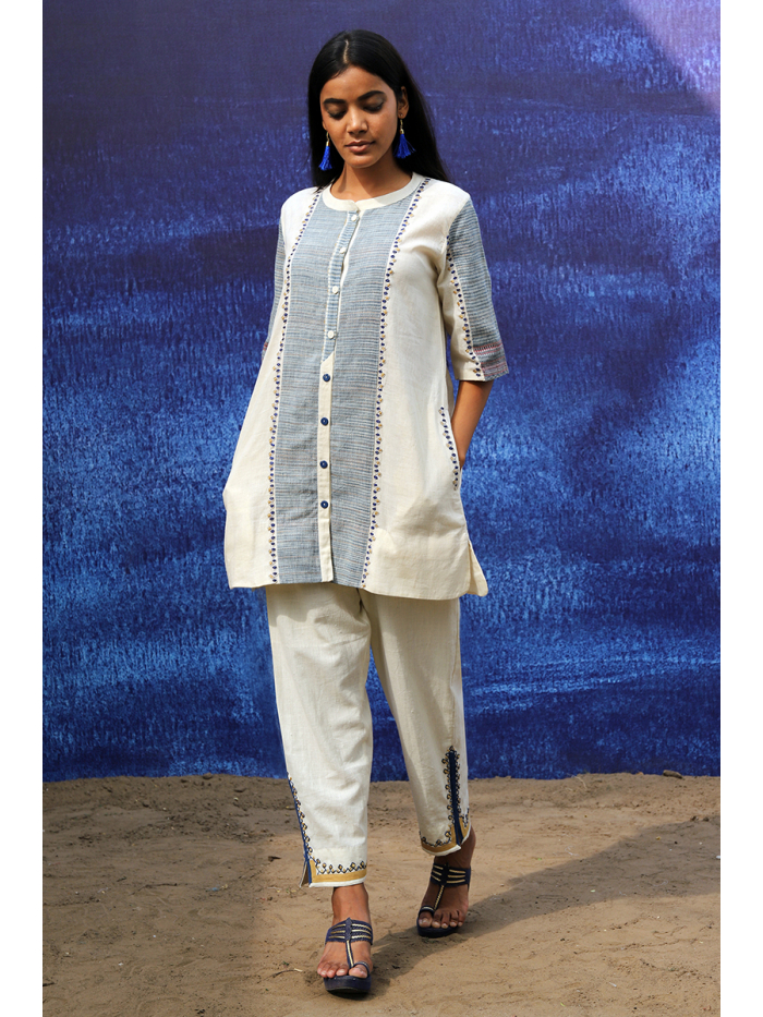 off white handwoven handspun cotton Tunic Shirt with Intricate Detailing  Pants Design by Bhavik shah at Modvey