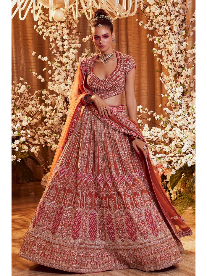 Buy Priti Prashant Pink Handwoven Silk Chikankari Lehenga Set Online | Aza  Fashions