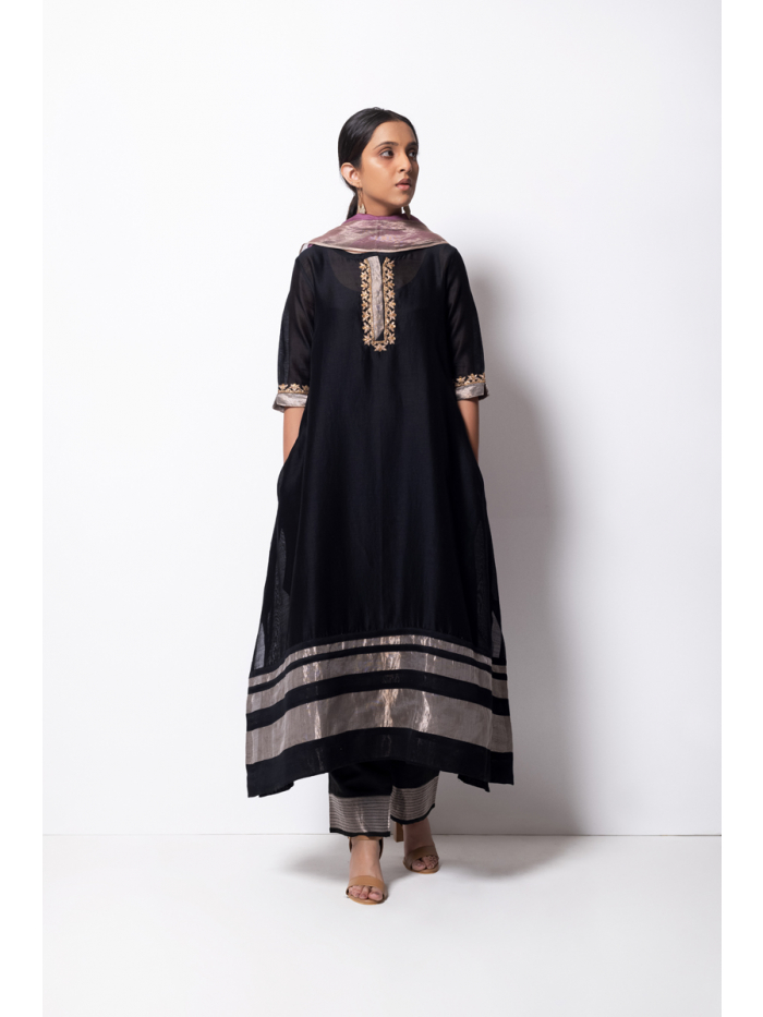 Buy Black Hand Embroidered Chanderi Silk A-Line Kurta with Slip and Cotton  Slub Pants - Set of 2 | AGF-0122/023/024/AV19NOV | The loom
