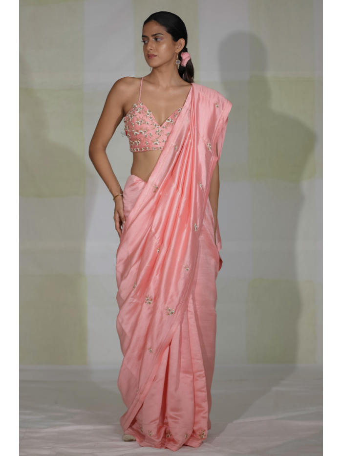 Chalk Pink hand embroidered phool guchha saree with bralet blouse Design by  DeepThee at Modvey