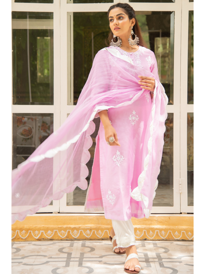 Designer Baby Pink Color Cotton Suit With Chiffon Dupatta