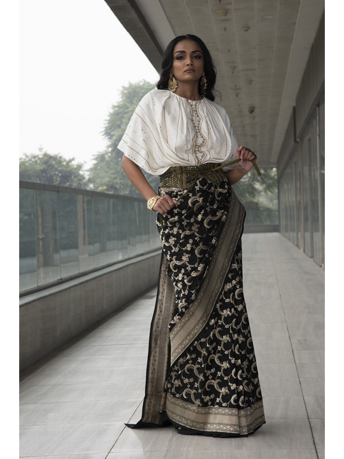 white and black saree with belt | Stylish sarees, Indian bridal fashion,  Sari design