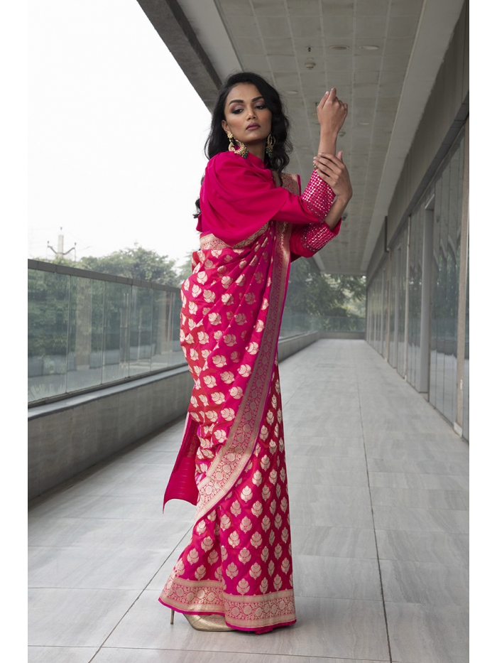 Pastel pink draped net saree with plum raw silk off shoulder blouse only on  kalki