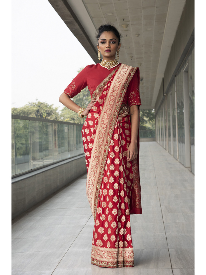 Buy Valentine Red Milano Satin Saree With V Neck Hand Embroidered Crop Top  KALKI Fashion India