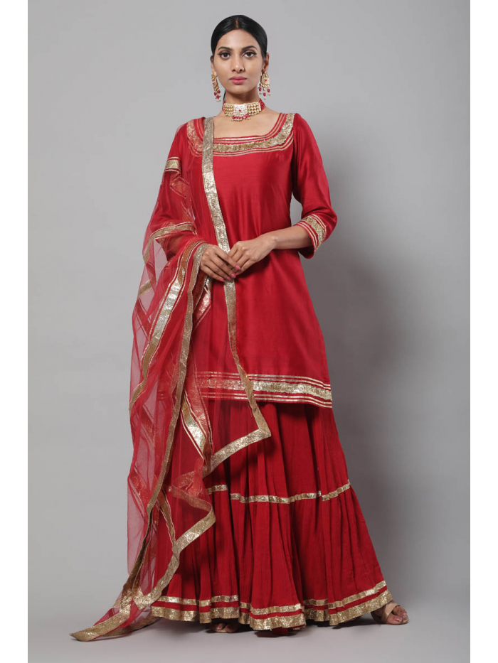 Occasional Wear Red Georgette Base Designer Sharara Suit With Net Dupatta –  Kaleendi