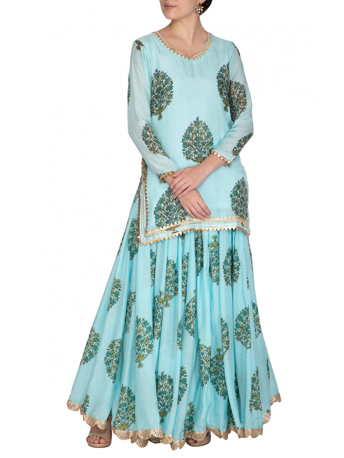 Levendar Solid Color With Gota Embellished Pure Cotton Kurti Dupatta Skirt  Set For Women  Lashkarina  3466673