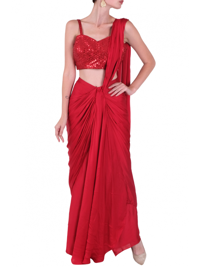 Kamaali Pret Structured Bow Draped Saree Gown | Purple, Feathers, Crinkle  Satin, Scoop | Saree gown, Draped saree gown, Drape saree