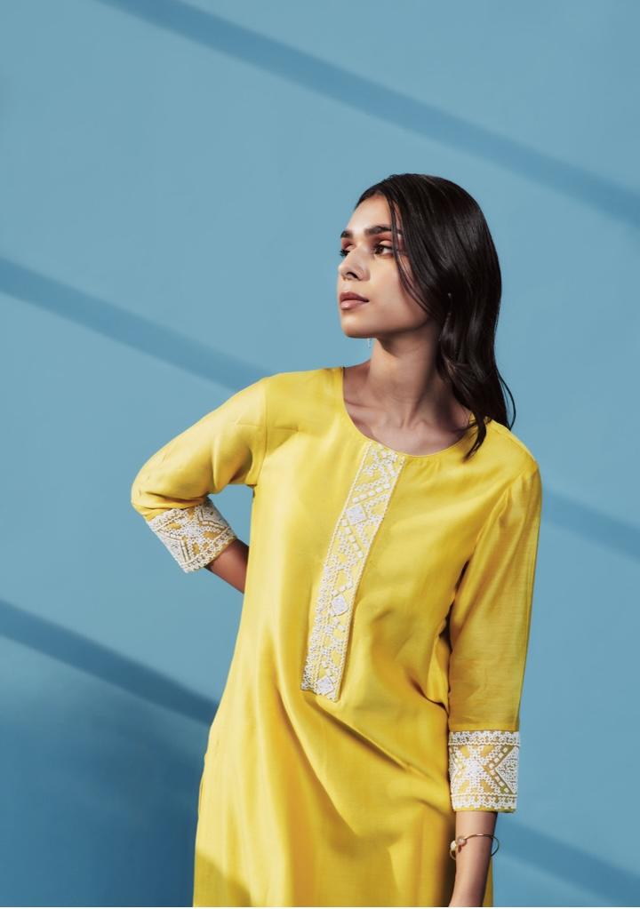 Yellow straight silk chanderi kurta (Set of 3)