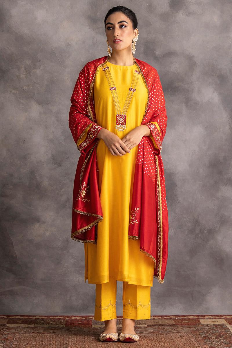 yellow silk chanderi kurta and pants