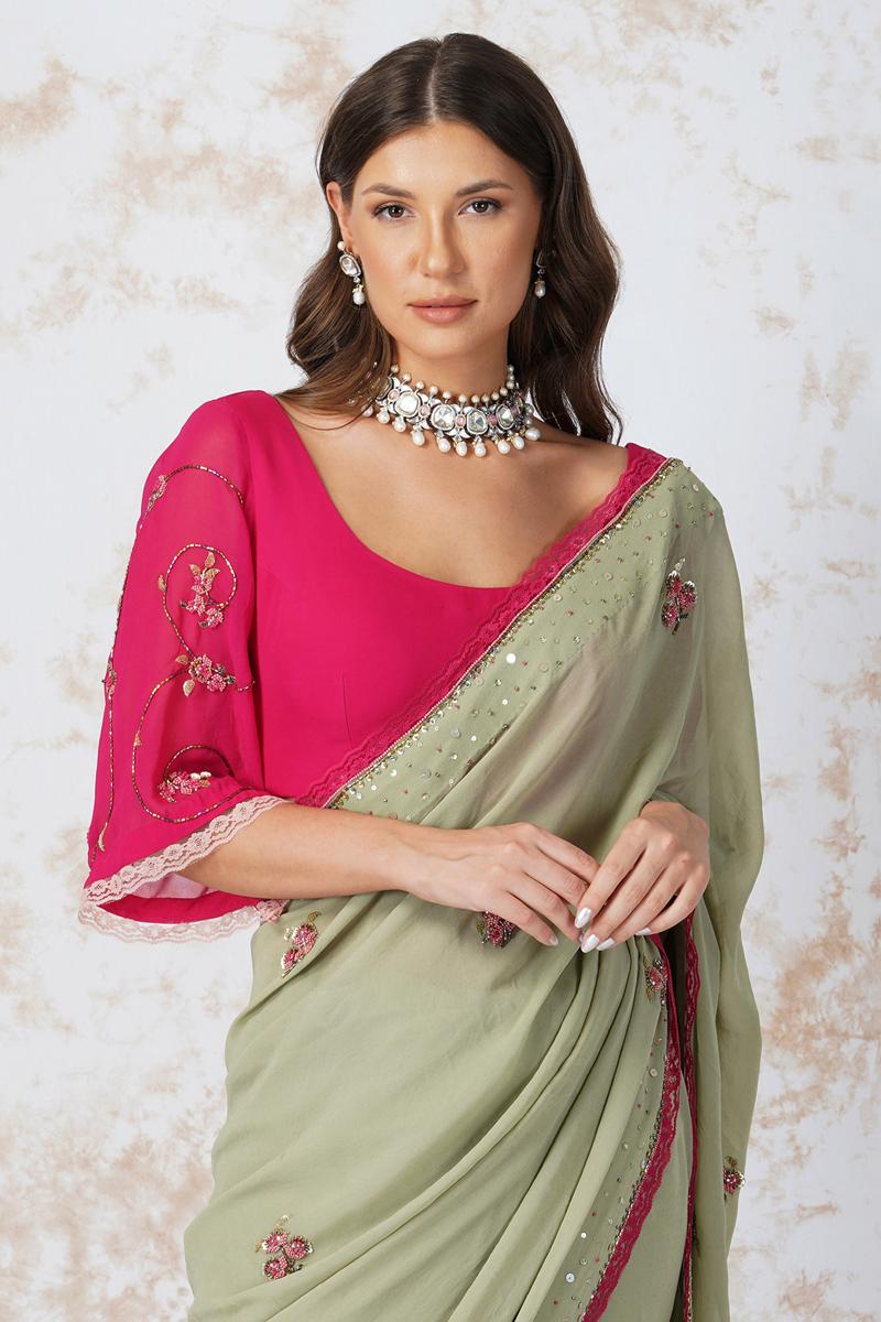 Beaded flower saree with contrast blouse
