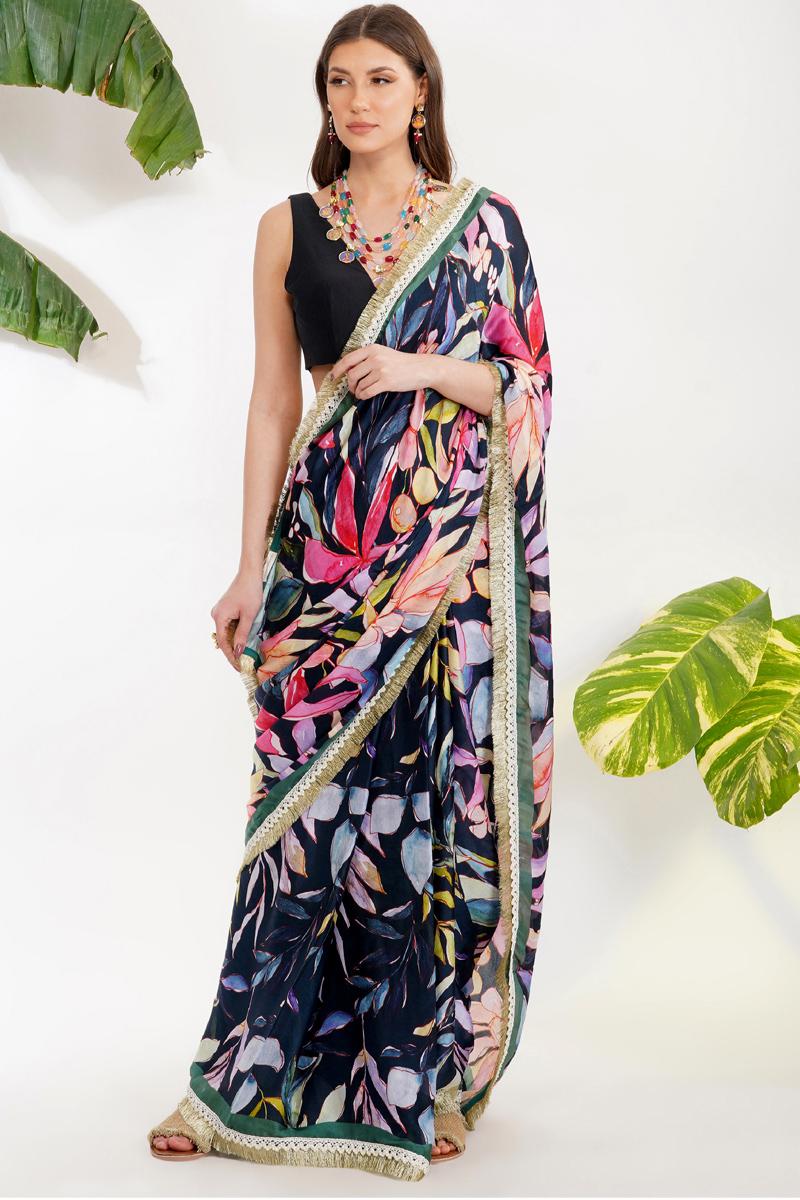 Black tropical flower printed saree set