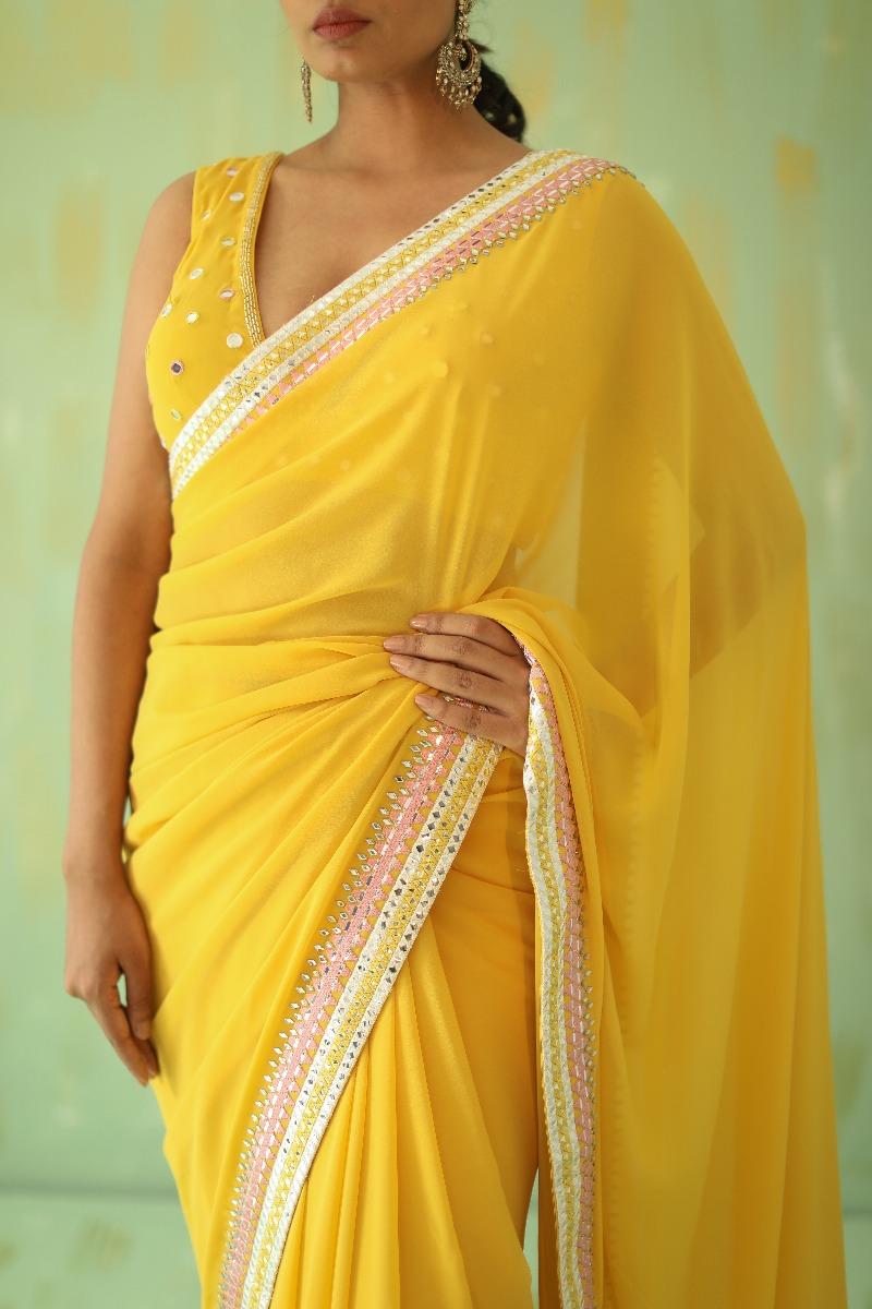 Ochre Yellow Mirrorwork Embroidered Saree Set 