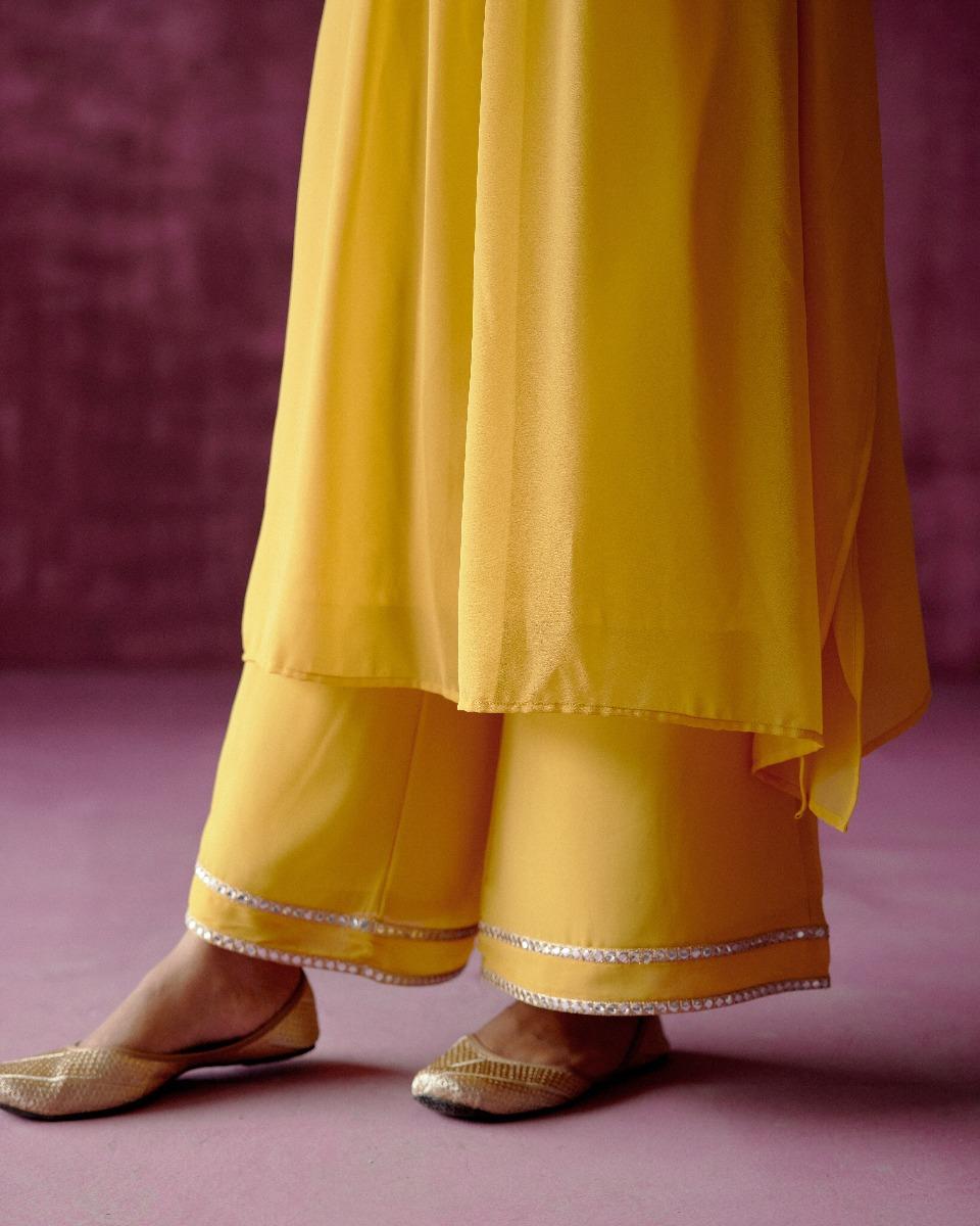 Ochre Yellow Zari Embroidered Kaftan Set (Set of 2)