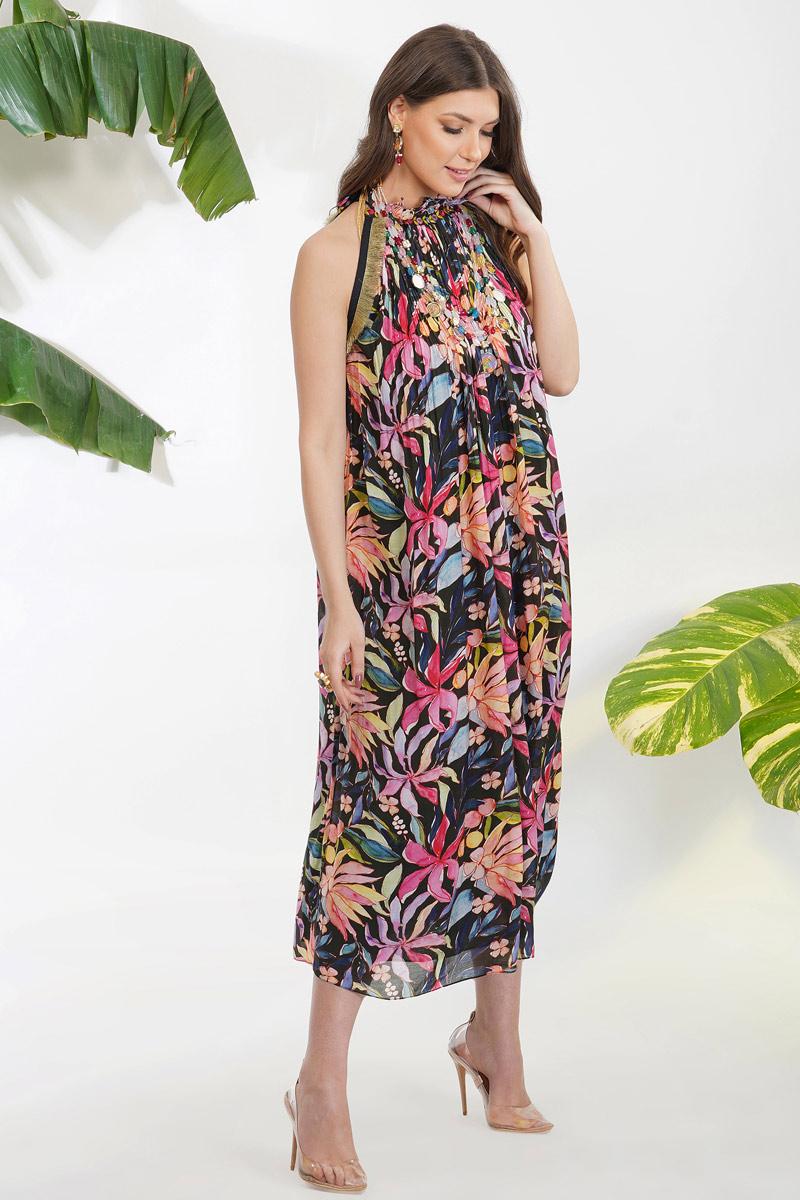 Black tropical flower printed dress