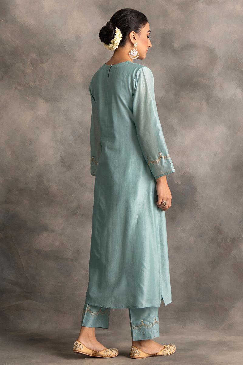 blue silk chanderi kurta and pants