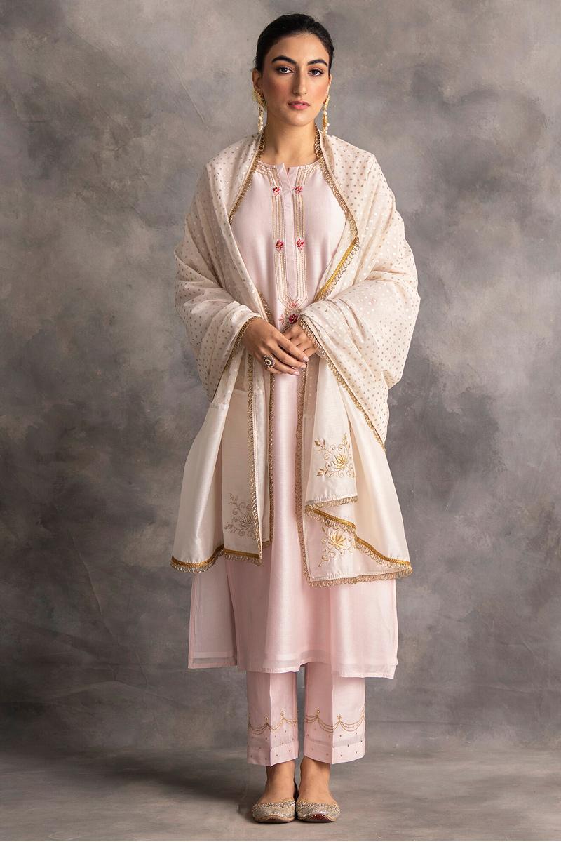pastel pink silk chanderi kurta and pants