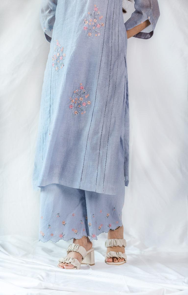 Summer Floral Embroidery Kurta Set - Blue