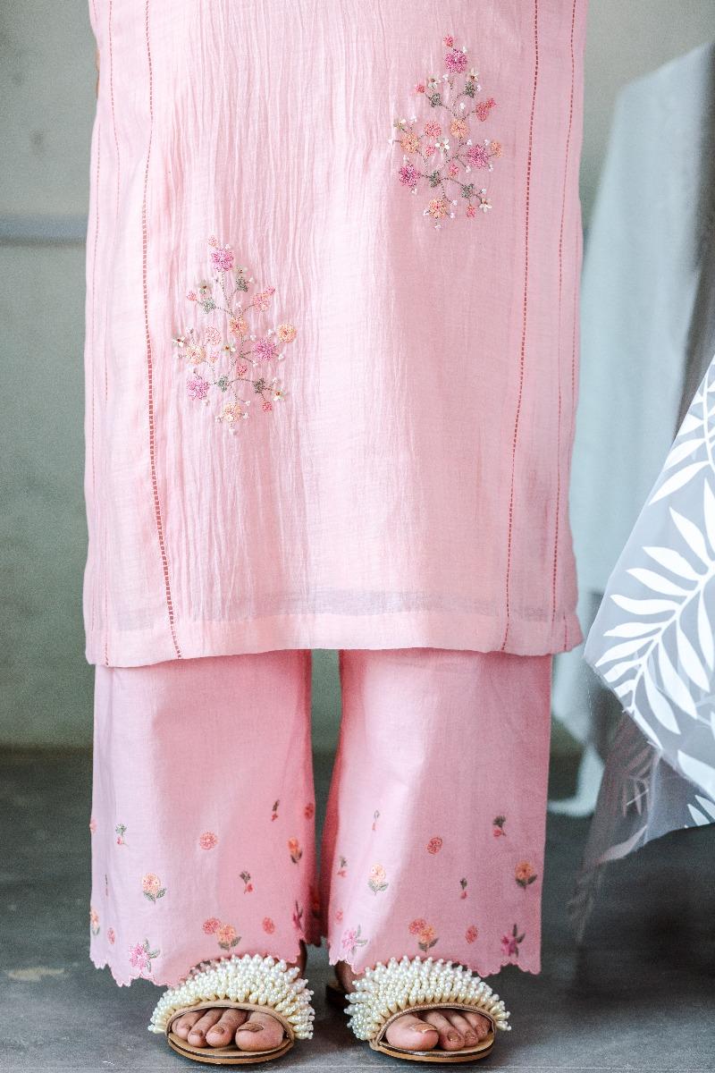 Summer Floral Embroidery Kurta Set- Pink