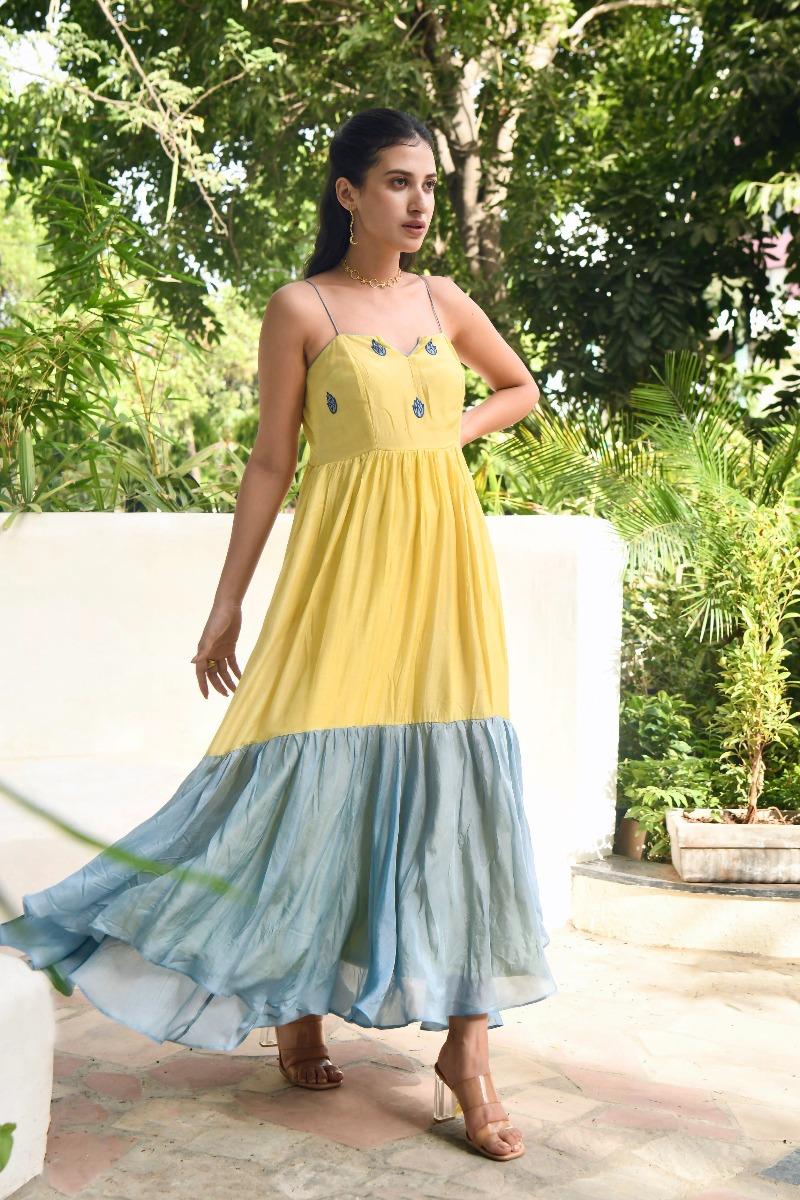 Yellow & Blue Banglori silk Dress