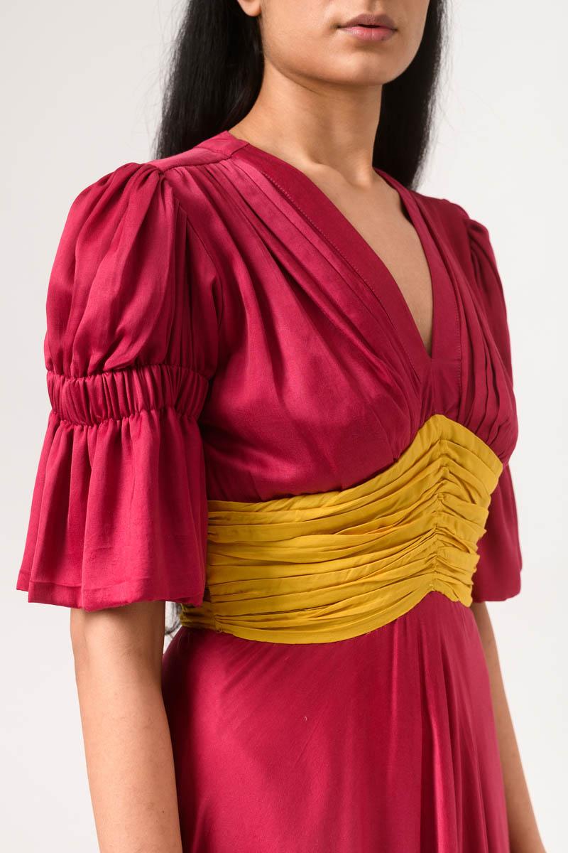 Wine-Yellow Rouching Dress