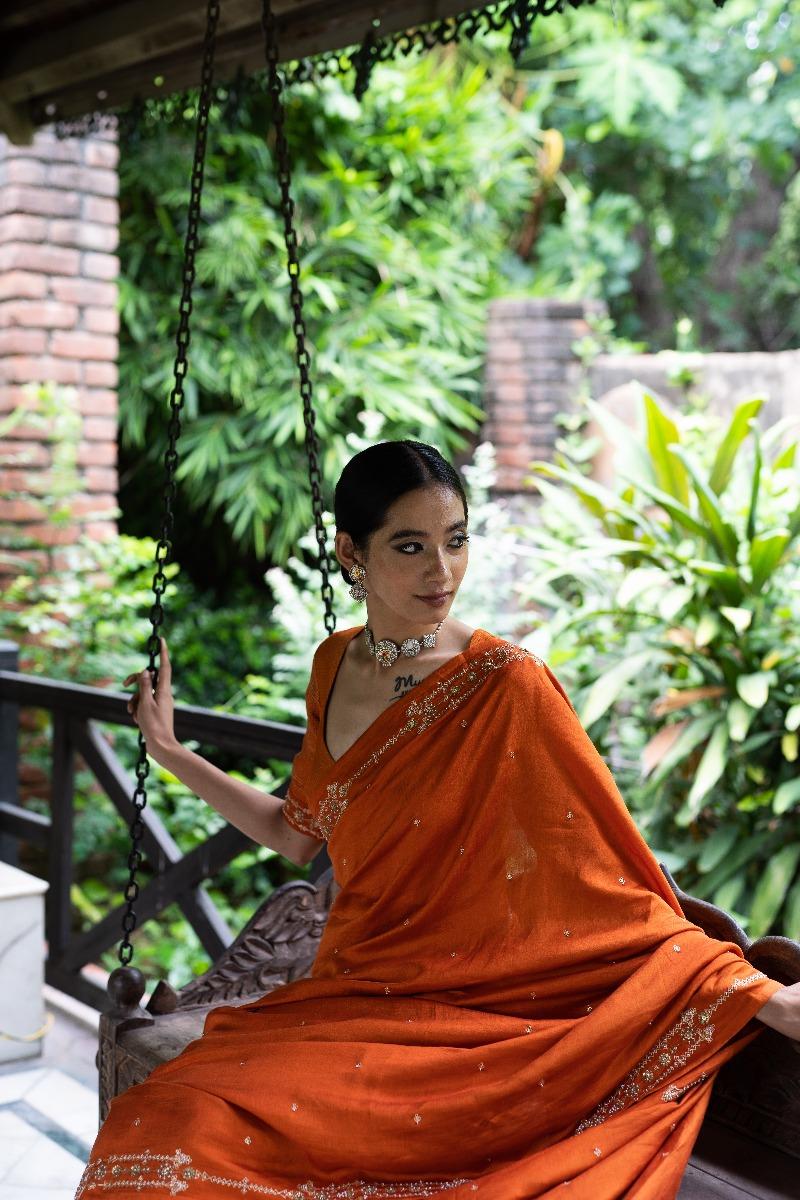 Rust orange half and half embroidered saree wih blouse (Set of 2)