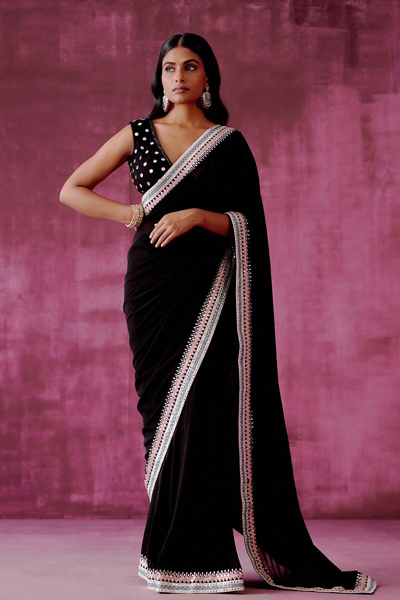Black Mirrorwork embroidered saree set with a handembroidered blouse piece 