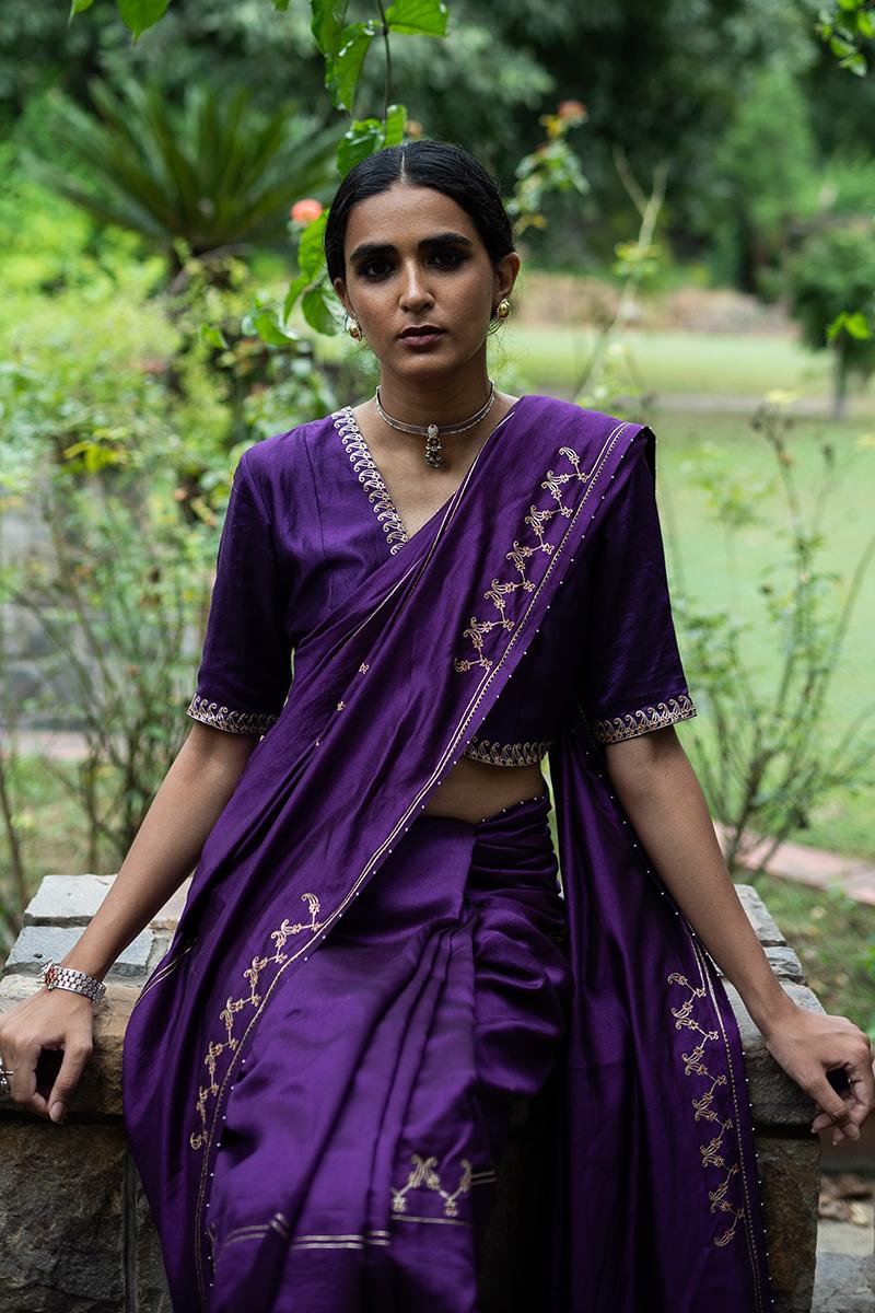 Violet hand interval embroidered saree with blouse (Set of 2)