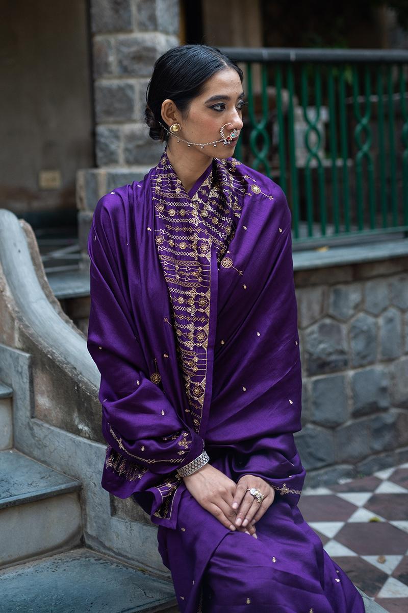 Violet hand embroidered silk saree (Set of 2)