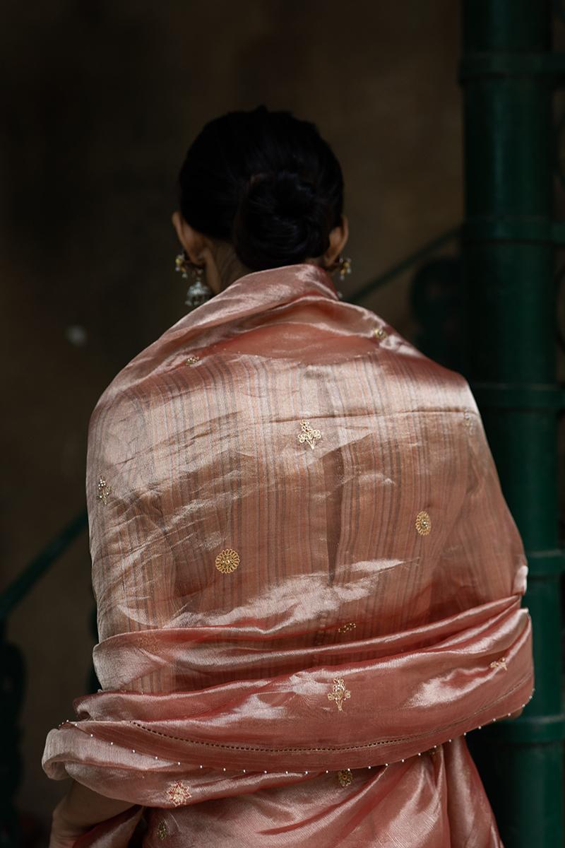 Blush Pink hand embroidered tissue silk saree with blouse (Set of 2)