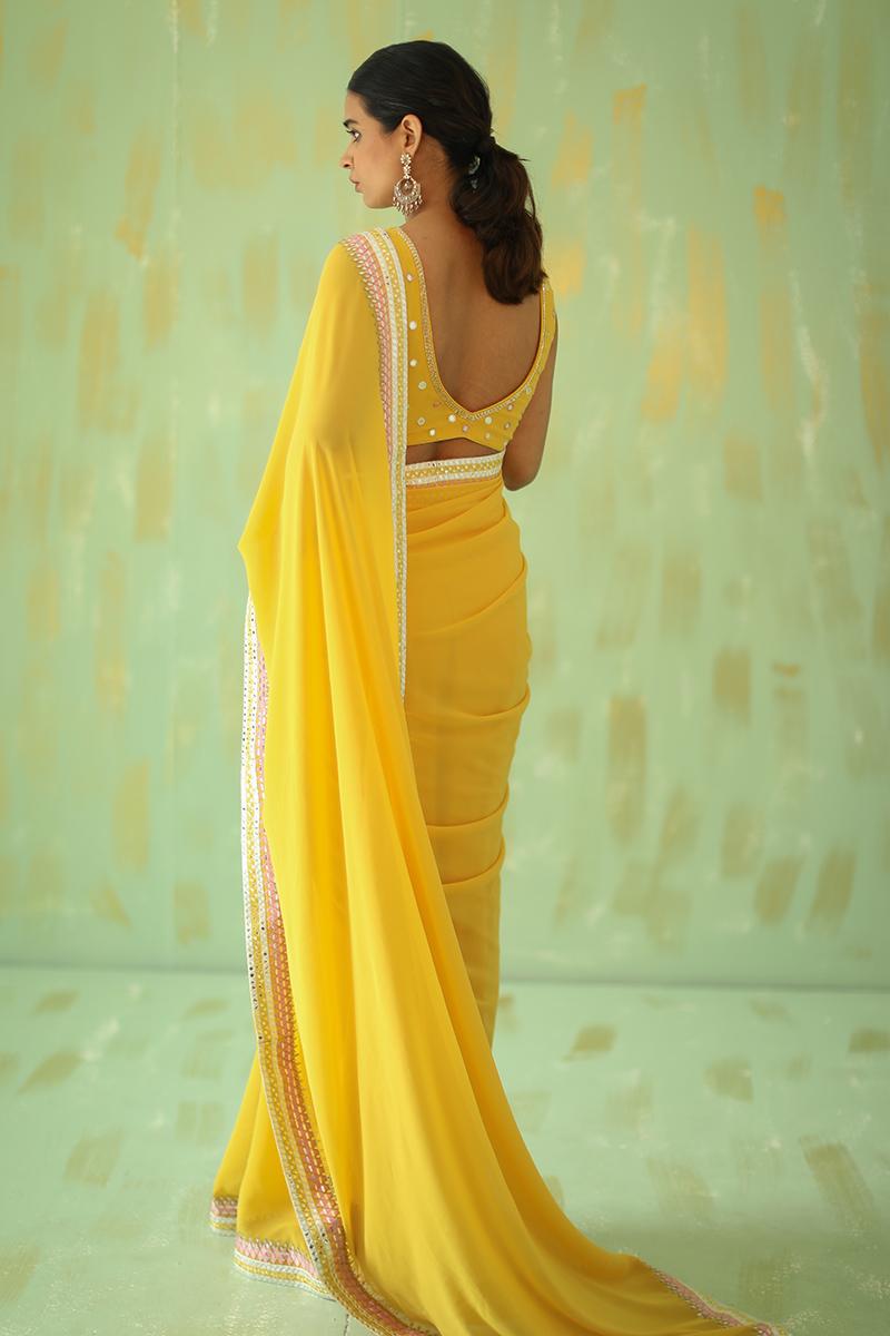 Ochre Yellow Mirrorwork Embroidered Saree Set 