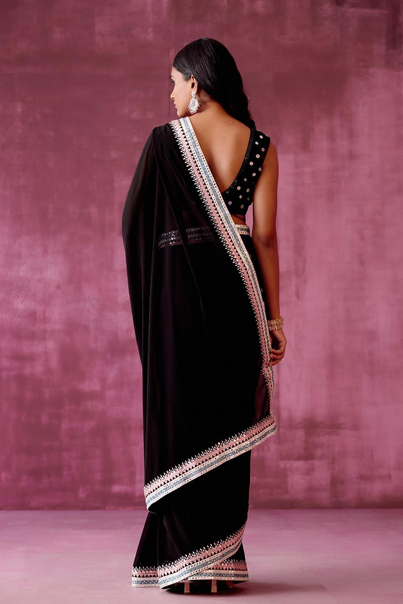 Black Mirrorwork embroidered saree set with a handembroidered blouse piece 