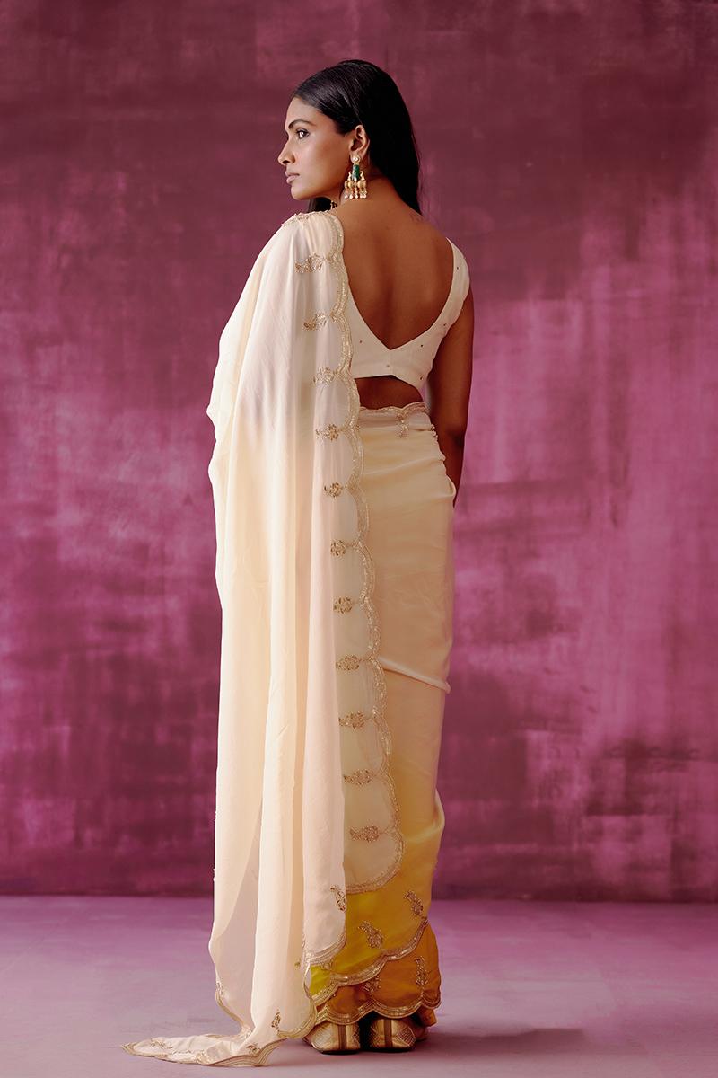 Off White Embroidered Ombre Saree Set
